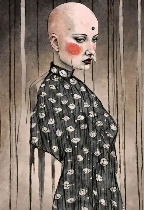 ling1, watercolor, drawing, pop surrealism, pop art painting by David Lynch and Luis Bunuel, (full body shot:1.8) profile of a shaved bald girl, slightly parted lips, serious expression, smug, wrapped in plastic, (avant-garde cybern headwear:1.8), in a (dark ancient room:1.4), skin bump, skin pores, skin fuzz, vellus facial hairs, subsurface scattering, transluscency, goose bump, micro details, (natural backlighting:1.5), rim light, (dim light:1.5), soft shadows, depth of field