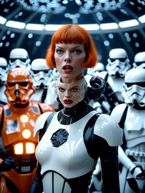 mesmerizing (realistic film still:0.95) from 5th element film with screaming organic android with face of Milla Jovovich as (Leeloo:1.05) interacting with (Darth Vader and white storm troopers:1.2), translucent (bio-luminescent tissues:1.05), (Voronoi pattern, depth of field, (swirly bokeh:1.275) :1.15), (complex futuristic background, lots of cybernetic apparatus:1.1), shiny glass, (rim lighting, low key light:1.15), celestial, ethereal, natural soft dreamy lighting, ((warm-yellow and deep-carbon:0.7), (cinematic look:1.15):1.15)