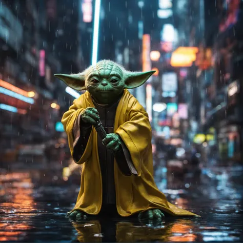 Hyperrealistic art cybernetic robot, (cyberpunk cityscape, ((cyberpunk style:1.125) scenery of (playful [master yoda:Sigourney Alexandra Weaver:0.53]:1.23) wearing cybernetic clothes interacts with (shiny black slime:1.1), (realistic turtle skin texture, hard surface shader metalness, PBR:1.125), (cyberpunk yoda with cybernetic ears, (cybernetic tattoo, curved cyberpunk light saber:1.225), cybernetic stuff:1.175), body modification, Futuristic, cyberpunk, intense iso noise, depth of field, smooth bokeh, Kodak portra 400, urban, tactical, sleek, dark, highly detailed, (blue-yellow:1.075)  <lora:cinero-loha-xl.safetensors-000010:0.21>:1.1), neon lights, dark alleys, skyscrapers, futuristic, vibrant colors, high contrast, highly detailed:1.1), android, AI, machine, metal, wires, tech, futuristic, highly detailed . Extremely high-resolution details, photographic, realism pushed to extreme, fine texture, incredibly lifelike