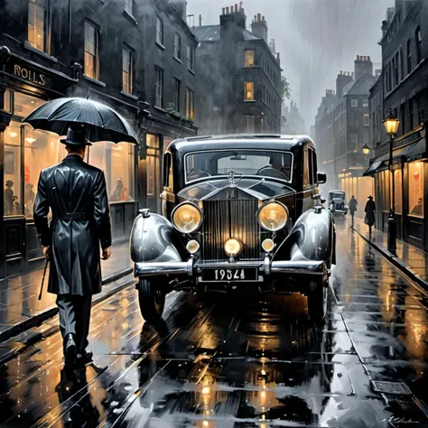 [grayscale : vivid: 16] painting depicting a silver (elongated:1.3) 1934 Rolls Royce Phantom II Continental on the streets of 1930's London, rear view, rainstorm, visible rain, dark sky, man holding umbrella in background, highly detailed, absurdres, masterpiece, <lora:bill_sienkiewicz_style:1>