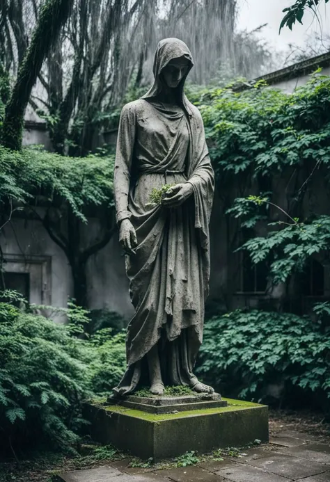 minimalist photography. sense of dread. abandoned broken statue in overgrown small courtyard. very grainy. bad weather. eerie