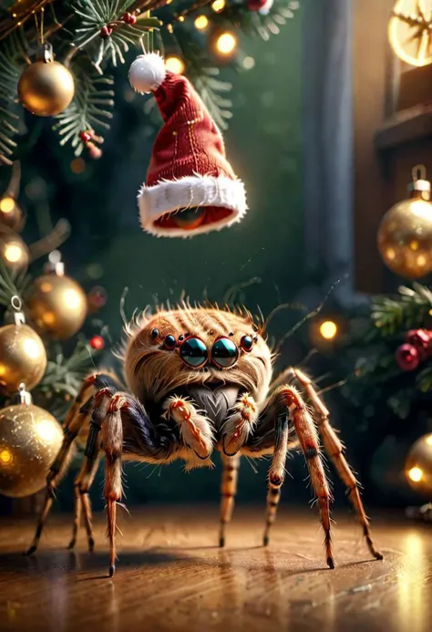 A friendly spider wearing christmas hat, highly realistic, highly detailed, 8k