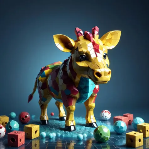 voronoi pattern, photorealistic picture of zhibi animal made of (miniature low-poly cubes and spheres:1.1), v-ray, volumetric light, physically based render, pbr, 8k, translucent material, low-poly 3d style, sphere surrounded with isometric cubes, cube cut with sphere, detailed, particles, water