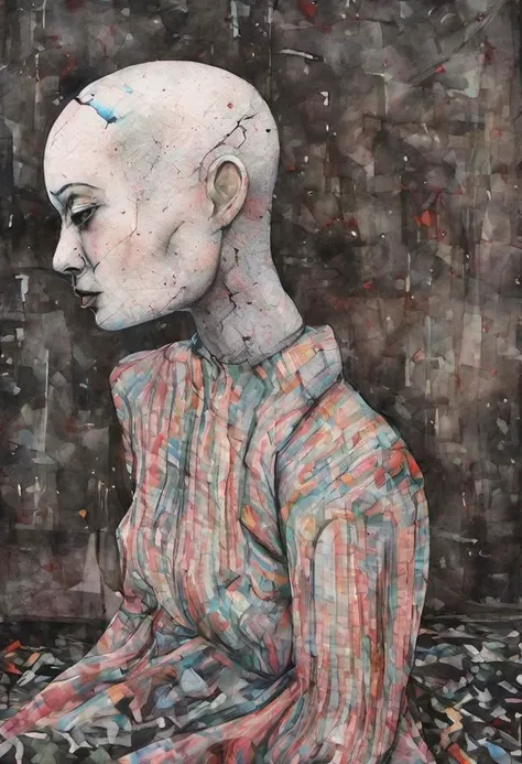 ling1, watercolor, drawing, pop surrealism, pop art painting by David Lynch and Luis Bunuel, (full body shot:1.8) profile of a shaved bald girl, slightly parted lips, serious expression, smug, wrapped in plastic, in a (dark ancient room:1.4), skin bump, skin pores, skin fuzz, vellus facial hairs, subsurface scattering, transluscency, goose bump, micro details, (natural backlighting:1.5), rim light, (dim light:1.5), soft shadows, depth of field