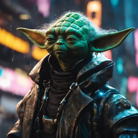 Hyperrealistic art cybernetic robot, (cyberpunk cityscape, ((cyberpunk style:1.125) scenery of (playful [master yoda:Sigourney Alexandra Weaver:0.53]:1.23) wearing cybernetic clothes interacts with (shiny black slime:1.1), (realistic turtle skin texture, hard surface shader metalness, PBR:1.125), (cyberpunk yoda with cybernetic ears, (cybernetic tattoo, curved cyberpunk light saber:1.225), cybernetic stuff:1.175), body modification, Futuristic, cyberpunk, intense iso noise, depth of field, smooth bokeh, Kodak portra 400, urban, tactical, sleek, dark, highly detailed, (blue-yellow:1.075)  <lora:cinero-loha-xl.safetensors-000010:0.21>:1.1), neon lights, dark alleys, skyscrapers, futuristic, vibrant colors, high contrast, highly detailed:1.1), android, AI, machine, metal, wires, tech, futuristic, highly detailed . Extremely high-resolution details, photographic, realism pushed to extreme, fine texture, incredibly lifelike