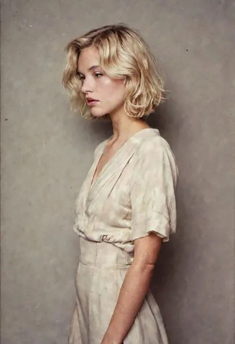 photography by David Lynch and Luis Bunuel, (full body shot:1.8) profile of a young blond girl, (hollywood style messy classical bob haircut), (head turned left:1.5), (body turned left:1.5), (looking up:1.8), slightly parted lips, serious expression, smug, skin bump, skin pores, skin fuzz, vellus facial hairs, subsurface scattering, transluscency, goose bump, micro details, backlighting, rim light, dim light, soft shadows, depth of field