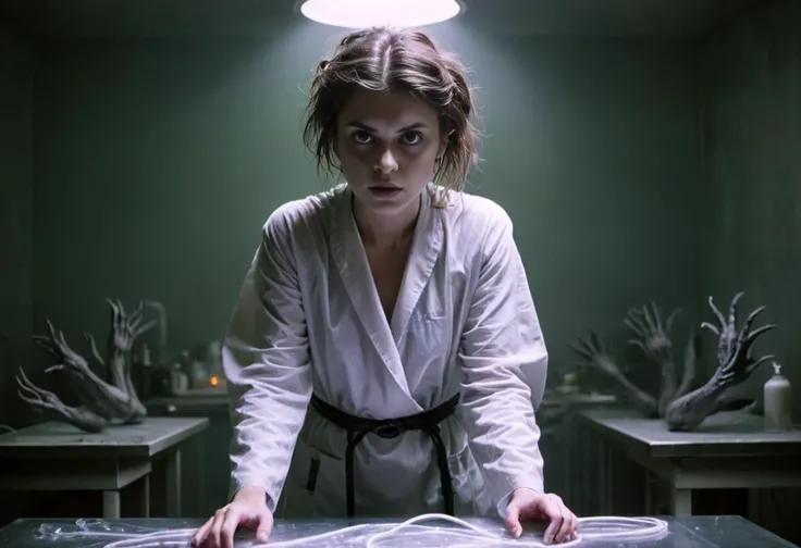 (magic lights inside translucent materials:1.22), (big expressive eyes, presenting artistic feminine hands:1.125), realistic (full body photo:1.2) of young ([ scared girl : dominant witch :0.87] woman with messy childish haircut and very long lashes :1.115) (operates a xenomorph bound to surgical table:1.2), (intricate white futuristic lab robe of quantum engineer:1.12), (feminine hands, rim light:0.925), (correct fingers, realistic natural skin texture:0.96), (moody cinematic, modelshoot style, amateur model, analog style:0.83), ([shallow depth, low key light, dark shot : toxic vapor, milky mist, film grain, spooky, gloomy : 14]:0.955), (yellow-green morning toning:0.9), (analog film grain:1.605) 