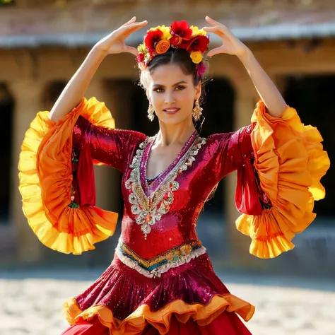 Detailed face,

The Spanish dancer emerges as a vibrant embodiment of passion and allure, adorned in an array of captivating accoutrements that reflect the rich tapestry of her cultural heritage. Her attire is a symphony of bold hues, with cascading layers of ruffled skirts that swirl around her in a mesmerizing dance of color. Embellished with intricate floral patterns and shimmering sequins, her costume evokes the flamboyant spirit of Spanish flamenco, while her hands, raised gracefully in the air, are adorned with intricate finger cymbals that chime with each movement, adding a rhythmic dimension to her performance. As she moves with a blend of sensuality and strength, her eyes ablaze with intensity, she captivates all who behold her, embodying the essence of passion and expression through the art of dance.

<lora:DetailedEyes_V3:1>