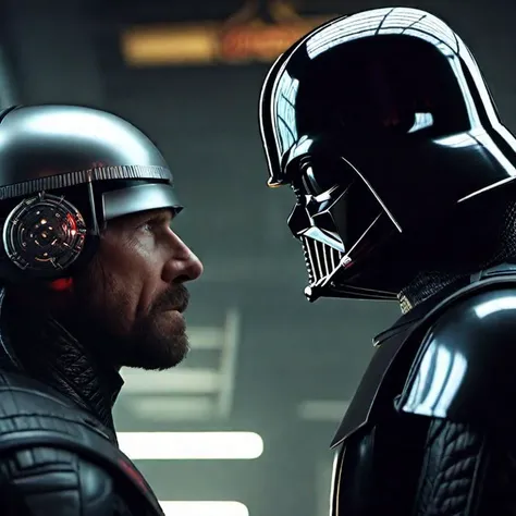 cinematic film still cyberpunk style scenery of chuck norris fighting with darth vader, cybernetic implants, body modification, LED eyes Futuristic, cyberpunk, urban, tactical, sleek, dark, highly detailed . shallow depth of field, vignette, highly detailed, high budget, bokeh, cinemascope, moody, epic, gorgeous, film grain, grainy