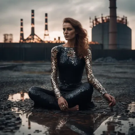 realistic full body shot of (elegant Slavic woman:1.15) with fish scales skin texture and intricate body art and perfect feminine anatomy, abandoned industrial zone in Chernobyl, Voronoi-shaped blocks on the ground, dark carbon voxels with sharp edges, low-poly abandoned nuclear plant, (perfect hands:1.23), (glitter:0.85), (shiny black slime, Voronoi scales, depth of field, (swirly bokeh:1.275), (Kodak Portra 400:0.925) :1.25), (realistic complex abandoned nuclear plant background:1.1), shiny glass, (cosmic horror, gloom, light leaks, mysterious, surreal:1.1), remarkable masterpiece, celestial, ethereal, epic, magical light flares, natural soft dreamy lighting, ((winered:0.85), cinematic look, ideal hand anatomy, hairy pubic, hairy armpits:1.25)