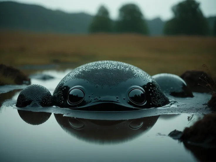 realistic photo of giant black shiny alien slime with voronoi pattern made of ais-tarmac and submerged into dirty waters with shiny glossy surface, mirrored imagery in Dark Art Painting Style, eerie dark creature with many eyes reflecting dimmed light, (reflection in eyes, refraction and reflecting surface, reflection in water:1.1), eerie atmosphere, surreal image, foggy, misty, depth of field, swirly bokeh, (extraterrestrial creature made of translucent black material:1.125), Kodak portra 400, highly detailed:1.1), bioluminescent creatures in background:1.1), fungus sprouts, fine texture, incredibly lifelike