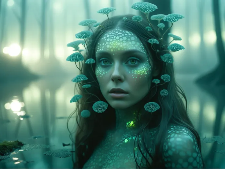 soviet cartoon in style of kachanov with voronoi, Hyperrealistic picture of mystic forest nymph with big shiny eyes and long reflecting hair, reflection in eyes, reflection in hair, reflection in water, surreal image, foggy, misty, depth of field, swirly bokeh, (perfect feminine body made of translucent material, hard surface shader, PBR:1.125), Kodak portra 400, eerie sleek dark, highly detailed:1.1), bioluminescent creatures in background:1.1), fungus sprouts, fine texture, incredibly lifelike
