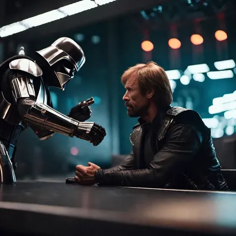 cinematic film still cyberpunk style scenery of chuck norris fighting with darth vader, cybernetic implants, body modification, LED eyes Futuristic, cyberpunk, urban, tactical, sleek, dark, highly detailed . shallow depth of field, vignette, highly detailed, high budget, bokeh, cinemascope, moody, epic, gorgeous, film grain, grainy