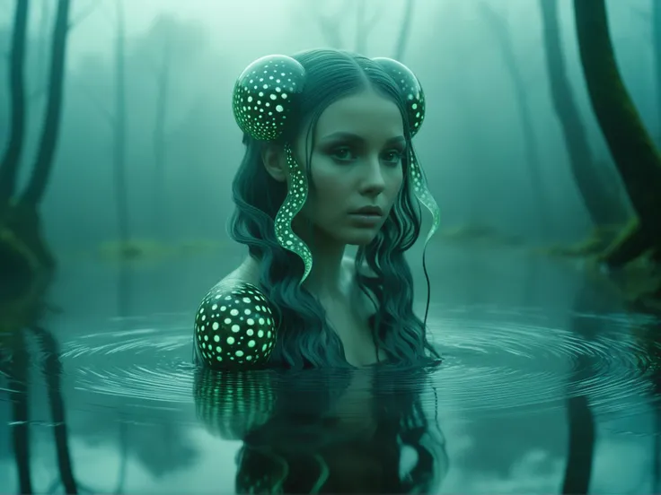 soviet cartoon in style of kachanov with voronoi, Hyperrealistic picture of mystic forest nymph with big shiny eyes and long reflecting hair, reflection in eyes, reflection in hair, reflection in water, surreal image, foggy, misty, depth of field, swirly bokeh, (perfect feminine body made of translucent material, hard surface shader, PBR:1.125), Kodak portra 400, eerie sleek dark, highly detailed:1.1), bioluminescent creatures in background:1.1), fungus sprouts, fine texture, incredibly lifelike