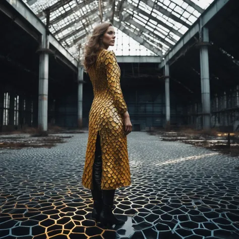 realistic body shot of (elegant Slavic woman:1.15)(clothes that look like fish scales), (small scales skin:1.0) with natural skin texture and intricate body art and perfect feminine anatomy, shining scales,
brake,
abandoned industrial zone in Chernobyl, Voronoi-shaped blocks on the ground, dark carbon voxels with sharp edges, low-poly abandoned nuclear plant, (perfect hands:1.23), (glitter:0.85), (shiny black slime, Voronoi scales, depth of field, (swirly bokeh:1.275), (Kodak Portra 400:0.925) :1.25), (realistic complex abandoned nuclear plant background:1.1), shiny glass, (cosmic horror, gloom, light leaks, mysterious, surreal:1.1), remarkable masterpiece, celestial, ethereal, epic, magical light flares, natural soft dreamy lighting, ((warm-yellow and cold-blue:0.85), cinematic look, ideal hand anatomy, hairy pubic, hairy armpits:1.25) <lora:add-detail-xl:1>