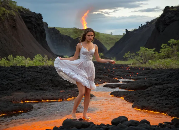 (Pure innocent adult victorian woman is dancing in lava with bare feet:1.1). This evocative portrait captures a sophisticated woman (showing an artistic dynamic pose in a middle of ethereal river of the lava:1.1). Her pure white surreal revealing gown contrasts with orange hues of lava and dark carbon ground, creating a dramatic dissonance between subject and environment. The slender woman's backward glance and barefoot stance convey a mixture of vulnerability and quiet determination. The dirt path winds into the distance, symbolizing an unknown future or a path less traveled. Muted color palette and the model's casual attire emphasize the intimate atmosphere of scenery.
BREAK Captivating photograph juxtaposes the primal energy of molten lava and ethereal dramatic sky. The serpentine rivers of magma carve their way through the rugged voxelized landscape with mesmerizing contrast of warmth and coolness. The lava's incandescent oranges and yellows seem alive, pulsating against the stolid grays of the surrounding rock. 
BREAK Above, the sky unfolds in a breathtaking mix of light and shadow, with luminous clouds catching the blue hues of a hidden morning sun. deep shallow dof, low-angle composition, high dynamic range, natural lighting, golden hour illumination, cloud-diffused sunlight, strong tonal contrast, vivid color saturation in foreground, muted tones in background, rule of thirds applied to horizon placement, leading lines formed by lava flow, lens flares and light leaks, balanced exposure between bright lava and darker surroundings.
BREAK Photograph is featured with noticeable rim lighting effect and strong gloom. subject in sharp focus against blurred background, natural lighting, soft shadows, muted green color grading, low contrast, slight vignetting, minimal chromatic aberration, diffused highlights in foliage, strong swirly  bokeh, slight motion blur in subject's hair suggesting movement.
<lora:Meostigmat_f1.7_100mm-000019:0.67>