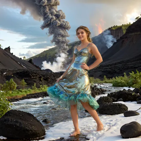 (Pure innocent adult woman wearing iridescent victorian era gown is dancing in snow with her bare feet:1.1). This serene portrait captures a moment of quiet introspection in nature's embrace. The young woman surrounded with mossy rocks beside (a gently flowing stream of lava:1.3). Her closed eyes and relaxed posture suggest a deep connection with her surroundings. (The dappled sunlight:1.2) filtering through the (surreal epic clouds:1.1) casts (a warm gloomy glow:1.1) on her (moist skin:1.1) and hair. Her (iridescent gold-blue see-through dress:1.2) contrasts with the natural dimmed pastel color palette. Her look contrasts a lot with this verdant landscape. Charming innocent girl have a shiny and big charming eyes and very artistic and seducing face expression. Woman looks happy and joyful with parted lips and teeth partially exposed.
BREAK This dramatic photograph captures the awesome power of a volcanic eruption in its full, terrifying glory. The immense ash cloud billows upward, its dense, roiling masses forming a colossal mushroom shape against the somber sky. The monochromatic palette, dominated by shades of gray and brown, lends a stark, almost apocalyptic atmosphere to the scene. Despite its ominous nature, there is a raw beauty in the intricate textures of the ashâvoluminous, folded, and turbulent like a god's troubled dreams made visible. The sense of scale is staggering, with the eruption dwarfing the hint of landscape below. This image evokes a visceral response, reminding us of nature's untamed fury and our own fragility in the face of such cataclysmic events. It is a humbling portrait of Earth's geologic might, both mesmerizing and unsettling in its grandeur.
BREAK Photograph is featured with noticeable rim lighting effect and strong gloom. subject in sharp focus against blurred background, natural lighting, soft shadows, muted green color grading, low contrast, slight vignetting, minimal chromatic aberration, diffused highlights in foliage, strong swirly bokeh, slight motion blur in subject's hair suggesting movement.
<lora:Meostigmat_f1.7_100mm-000019:0.67>