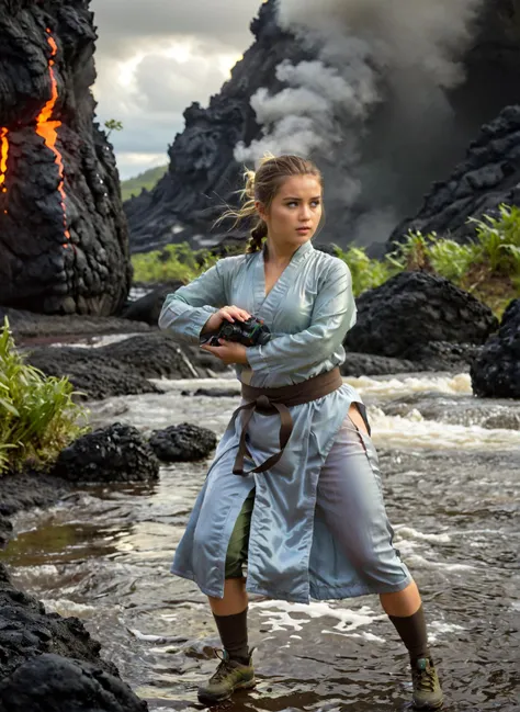 (Pure innocent adult woman wearing iridescent kung-fu master outfit is posing in offensive stance:1.1). This serene portrait captures a moment of quiet introspection in nature. The young woman is surrounded with mossy rocks beside a gently flowing (stream of lava:1.4). Her wide open eyes and focused posture suggest a deep concentration and attention to surroundings. (The dappled sunlight:1.2) filtering through (epic clouds:1.1) casts (a warm glow:1.1) on her (moist skin:1.1).
BREAK Her (iridescent gold-blue revealing jedi dress:1.2) contrasts with the natural dimmed pastel color palette. Her look contrasts a lot with this verdant landscape. Charming woman as a martial art master have a shiny and big charming eyes and very artistic and seducing face expression. Woman looks happy and joyful with parted lips and teeth partially exposed.
BREAK This dramatic photograph captures the awesome power of a volcanic eruption in its full, terrifying glory. The immense ash cloud billows upward, its dense, roiling masses forming a colossal mushroom shape against the somber sky. The monochromatic palette, dominated by shades of gray and brown, lends a stark, almost apocalyptic atmosphere to the scene. Despite its ominous nature, there is a raw beauty in the intricate textures of the ashâvoluminous, folded, and turbulent like a god's troubled dreams made visible. The sense of scale is staggering, with the eruption dwarfing the hint of landscape below. This image evokes a visceral response, reminding us of nature's untamed fury and our own fragility in the face of such cataclysmic events. It is a humbling portrait of Earth's geologic might, both mesmerizing and unsettling in its grandeur.
BREAK Photograph is featured with noticeable rim lighting effect and strong gloom. subject in sharp focus against blurred background, natural lighting, soft shadows, muted green color grading, low contrast, slight vignetting, minimal chromatic aberration, diffused highlights in foliage, strong swirly bokeh, slight motion blur in subject's hair suggesting movement.
<lora:Meostigmat_f1.7_100mm-000019:0.67> <lora:Gl1tchBasalt-000021:0.33> Gl1tchBasalt