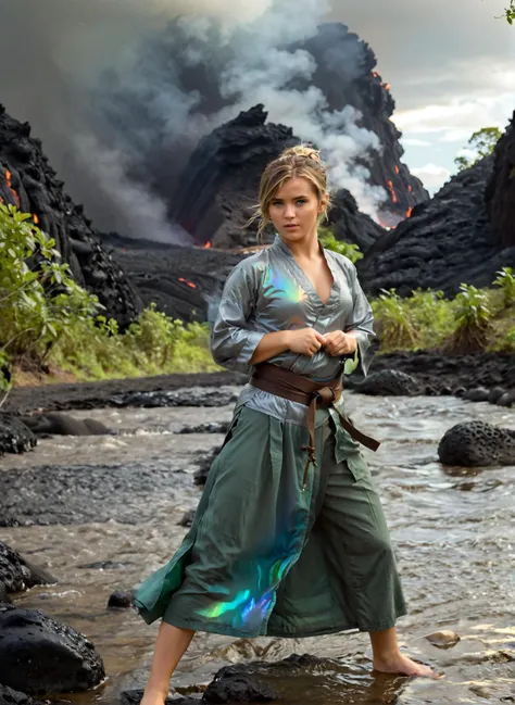 (Pure innocent adult woman wearing iridescent kung-fu master outfit is posing in offensive stance:1.1). This serene portrait captures a moment of quiet introspection in nature. The young woman is surrounded with mossy rocks beside a gently flowing (stream of lava:1.4). Her wide open eyes and focused posture suggest a deep concentration and attention to surroundings. (The dappled sunlight:1.2) filtering through (epic clouds:1.1) casts (a warm glow:1.1) on her (moist skin:1.1).
BREAK Her (iridescent gold-blue revealing jedi dress:1.2) contrasts with the natural dimmed pastel color palette. Her look contrasts a lot with this verdant landscape. Charming woman as a martial art master have a shiny and big charming eyes and very artistic and seducing face expression. Woman looks happy and joyful with parted lips and teeth partially exposed.
BREAK This dramatic photograph captures the awesome power of a volcanic eruption in its full, terrifying glory. The immense ash cloud billows upward, its dense, roiling masses forming a colossal mushroom shape against the somber sky. The monochromatic palette, dominated by shades of gray and brown, lends a stark, almost apocalyptic atmosphere to the scene. Despite its ominous nature, there is a raw beauty in the intricate textures of the ashâvoluminous, folded, and turbulent like a god's troubled dreams made visible. The sense of scale is staggering, with the eruption dwarfing the hint of landscape below. This image evokes a visceral response, reminding us of nature's untamed fury and our own fragility in the face of such cataclysmic events. It is a humbling portrait of Earth's geologic might, both mesmerizing and unsettling in its grandeur.
BREAK Photograph is featured with noticeable rim lighting effect and strong gloom. subject in sharp focus against blurred background, natural lighting, soft shadows, muted green color grading, low contrast, slight vignetting, minimal chromatic aberration, diffused highlights in foliage, strong swirly bokeh, slight motion blur in subject's hair suggesting movement.
<lora:Meostigmat_f1.7_100mm-000019:0.67> <lora:Gl1tchBasalt-000021:0.33> Gl1tchBasalt