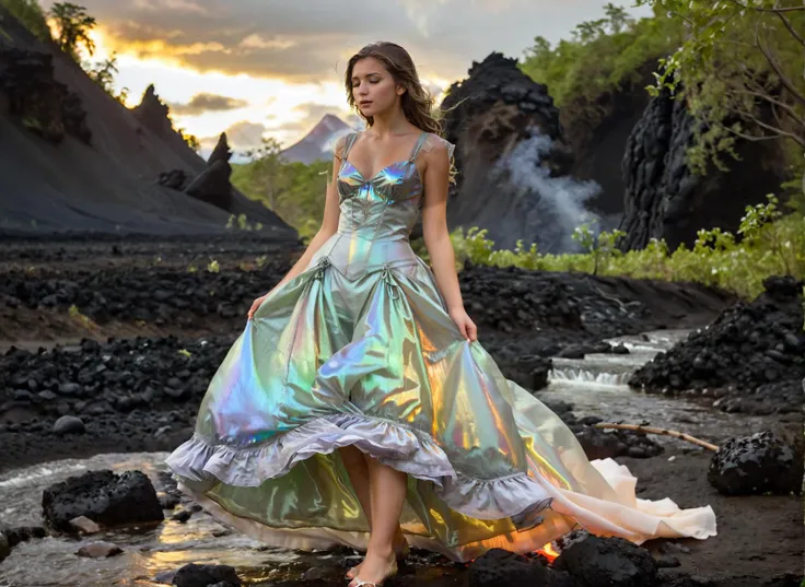 (Pure innocent adult woman wearing iridescent victorian gown is dancing in snow:1.1). This serene portrait captures a moment of quiet introspection in nature. The young woman surrounded with mossy rocks beside a gently flowing (stream of lava:1.4). Her closed eyes and relaxed posture suggest a deep connection with her surroundings. (The dappled sunlight:1.2) filtering through (epic clouds:1.1) casts (a warm glow:1.1) on her (moist skin:1.1).
BREAK Her (iridescent gold-blue see-through dress:1.2) contrasts with the natural dimmed pastel color palette. Her look contrasts a lot with this verdant landscape. Charming innocent girl have a shiny and big charming eyes and very artistic and seducing face expression. Woman looks happy and joyful with parted lips and teeth partially exposed.
BREAK This dramatic photograph captures the awesome power of a volcanic eruption in its full, terrifying glory. The immense ash cloud billows upward, its dense, roiling masses forming a colossal mushroom shape against the somber sky. The monochromatic palette, dominated by shades of gray and brown, lends a stark, almost apocalyptic atmosphere to the scene. Despite its ominous nature, there is a raw beauty in the intricate textures of the ashâvoluminous, folded, and turbulent like a god's troubled dreams made visible. The sense of scale is staggering, with the eruption dwarfing the hint of landscape below. This image evokes a visceral response, reminding us of nature's untamed fury and our own fragility in the face of such cataclysmic events. It is a humbling portrait of Earth's geologic might, both mesmerizing and unsettling in its grandeur.
BREAK Photograph is featured with noticeable rim lighting effect and strong gloom. subject in sharp focus against blurred background, natural lighting, soft shadows, muted green color grading, low contrast, slight vignetting, minimal chromatic aberration, diffused highlights in foliage, strong swirly bokeh, slight motion blur in subject's hair suggesting movement.
<lora:Meostigmat_f1.7_100mm-000019:0.67> <lora:Gl1tchBasalt-000021:0.33> Gl1tchBasalt