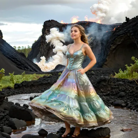 (Pure innocent adult woman wearing iridescent victorian gown is dancing in snow:1.1). This serene portrait captures a moment of quiet introspection in nature. The young woman surrounded with mossy rocks beside a gently flowing (stream of lava:1.4). Her closed eyes and relaxed posture suggest a deep connection with her surroundings. (The dappled sunlight:1.2) filtering through (epic clouds:1.1) casts (a warm glow:1.1) on her (moist skin:1.1).
BREAK Her (iridescent gold-blue see-through dress:1.2) contrasts with the natural dimmed pastel color palette. Her look contrasts a lot with this verdant landscape. Charming innocent girl have a shiny and big charming eyes and very artistic and seducing face expression. Woman looks happy and joyful with parted lips and teeth partially exposed.
BREAK This dramatic photograph captures the awesome power of a volcanic eruption in its full, terrifying glory. The immense ash cloud billows upward, its dense, roiling masses forming a colossal mushroom shape against the somber sky. The monochromatic palette, dominated by shades of gray and brown, lends a stark, almost apocalyptic atmosphere to the scene. Despite its ominous nature, there is a raw beauty in the intricate textures of the ashâvoluminous, folded, and turbulent like a god's troubled dreams made visible. The sense of scale is staggering, with the eruption dwarfing the hint of landscape below. This image evokes a visceral response, reminding us of nature's untamed fury and our own fragility in the face of such cataclysmic events. It is a humbling portrait of Earth's geologic might, both mesmerizing and unsettling in its grandeur.
BREAK Photograph is featured with noticeable rim lighting effect and strong gloom. subject in sharp focus against blurred background, natural lighting, soft shadows, muted green color grading, low contrast, slight vignetting, minimal chromatic aberration, diffused highlights in foliage, strong swirly bokeh, slight motion blur in subject's hair suggesting movement.
<lora:Meostigmat_f1.7_100mm-000019:0.67> <lora:Gl1tchBasalt-000021:0.33> Gl1tchBasalt