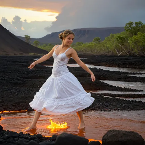 (Pure innocent adult victorian woman is dancing in lava with bare feet:1.1). This evocative portrait captures a sophisticated woman (showing an artistic dynamic pose in a middle of ethereal river of the lava:1.1). Her pure white surreal revealing gown contrasts with orange hues of lava and dark carbon ground, creating a dramatic dissonance between subject and environment. The slender woman's backward glance and barefoot stance convey a mixture of vulnerability and quiet determination. The dirt path winds into the distance, symbolizing an unknown future or a path less traveled. Muted color palette and the model's casual attire emphasize the intimate atmosphere of scenery.
BREAK Captivating photograph juxtaposes the primal energy of molten lava and ethereal dramatic sky. The serpentine rivers of magma carve their way through the rugged voxelized landscape with mesmerizing contrast of warmth and coolness. The lava's incandescent oranges and yellows seem alive, pulsating against the stolid grays of the surrounding rock.
BREAK Above, the sky unfolds in a breathtaking mix of light and shadow, with luminous clouds catching the blue hues of a hidden morning sun. deep shallow dof, low-angle composition, high dynamic range, natural lighting, golden hour illumination, cloud-diffused sunlight, strong tonal contrast, vivid color saturation in foreground, muted tones in background, rule of thirds applied to horizon placement, leading lines formed by lava flow, lens flares and light leaks, balanced exposure between bright lava and darker surroundings.
BREAK Photograph is featured with noticeable rim lighting effect and strong gloom. subject in sharp focus against blurred background, natural lighting, soft shadows, muted green color grading, low contrast, slight vignetting, minimal chromatic aberration, diffused highlights in foliage, strong swirly bokeh, slight motion blur in subject's hair suggesting movement.
<lora:Meostigmat_f1.7_100mm-000019:0.67>