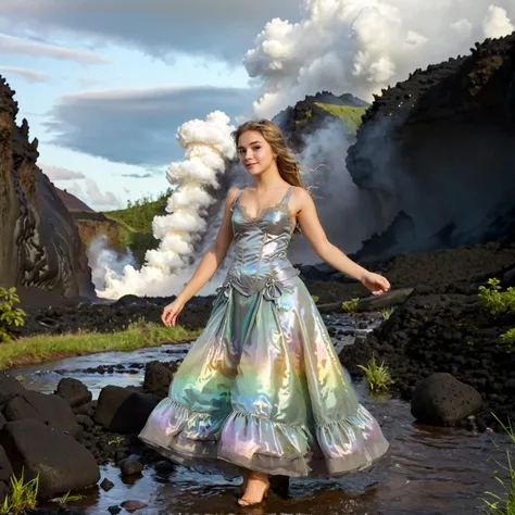 (Pure innocent adult woman wearing iridescent victorian gown is dancing in snow:1.1). This serene portrait captures a moment of quiet introspection in nature. The young woman surrounded with mossy rocks beside a gently flowing (stream of lava:1.4). Her closed eyes and relaxed posture suggest a deep connection with her surroundings. (The dappled sunlight:1.2) filtering through (epic clouds:1.1) casts (a warm glow:1.1) on her (moist skin:1.1).
BREAK Her (iridescent gold-blue see-through dress:1.2) contrasts with the natural dimmed pastel color palette. Her look contrasts a lot with this verdant landscape. Charming innocent girl have a shiny and big charming eyes and very artistic and seducing face expression. Woman looks happy and joyful with parted lips and teeth partially exposed.
BREAK This dramatic photograph captures the awesome power of a volcanic eruption in its full, terrifying glory. The immense ash cloud billows upward, its dense, roiling masses forming a colossal mushroom shape against the somber sky. The monochromatic palette, dominated by shades of gray and brown, lends a stark, almost apocalyptic atmosphere to the scene. Despite its ominous nature, there is a raw beauty in the intricate textures of the ashâvoluminous, folded, and turbulent like a god's troubled dreams made visible. The sense of scale is staggering, with the eruption dwarfing the hint of landscape below. This image evokes a visceral response, reminding us of nature's untamed fury and our own fragility in the face of such cataclysmic events. It is a humbling portrait of Earth's geologic might, both mesmerizing and unsettling in its grandeur.
BREAK Photograph is featured with noticeable rim lighting effect and strong gloom. subject in sharp focus against blurred background, natural lighting, soft shadows, muted green color grading, low contrast, slight vignetting, minimal chromatic aberration, diffused highlights in foliage, strong swirly bokeh, slight motion blur in subject's hair suggesting movement.
<lora:Meostigmat_f1.7_100mm-000019:0.67> <lora:Gl1tchBasalt-000021:0.33> Gl1tchBasalt