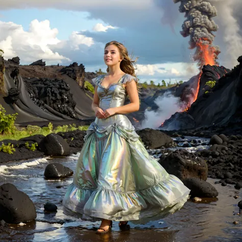 (Pure innocent adult woman wearing iridescent victorian gown is dancing in snow:1.1). This serene portrait captures a moment of quiet introspection in nature. The young woman surrounded with mossy rocks beside a gently flowing (stream of lava:1.4). Her closed eyes and relaxed posture suggest a deep connection with her surroundings. (The dappled sunlight:1.2) filtering through (epic clouds:1.1) casts (a warm glow:1.1) on her (moist skin:1.1).
BREAK Her (iridescent gold-blue see-through dress:1.2) contrasts with the natural dimmed pastel color palette. Her look contrasts a lot with this verdant landscape. Charming innocent girl have a shiny and big charming eyes and very artistic and seducing face expression. Woman looks happy and joyful with parted lips and teeth partially exposed.
BREAK This dramatic photograph captures the awesome power of a volcanic eruption in its full, terrifying glory. The immense ash cloud billows upward, its dense, roiling masses forming a colossal mushroom shape against the somber sky. The monochromatic palette, dominated by shades of gray and brown, lends a stark, almost apocalyptic atmosphere to the scene. Despite its ominous nature, there is a raw beauty in the intricate textures of the ashâvoluminous, folded, and turbulent like a god's troubled dreams made visible. The sense of scale is staggering, with the eruption dwarfing the hint of landscape below. This image evokes a visceral response, reminding us of nature's untamed fury and our own fragility in the face of such cataclysmic events. It is a humbling portrait of Earth's geologic might, both mesmerizing and unsettling in its grandeur.
BREAK Photograph is featured with noticeable rim lighting effect and strong gloom. subject in sharp focus against blurred background, natural lighting, soft shadows, muted green color grading, low contrast, slight vignetting, minimal chromatic aberration, diffused highlights in foliage, strong swirly bokeh, slight motion blur in subject's hair suggesting movement.
<lora:Meostigmat_f1.7_100mm-000019:0.67> <lora:Gl1tchBasalt-000021:0.33> Gl1tchBasalt