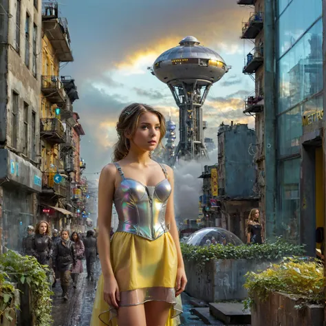 Realistic photograph of (an innocent adult woman wearing iridescent victorian gown is lost inside crowded eerie futuristic metropolis:1.1). The young woman surrounded with (glass and metal facades of distant future metropilis:1.3). Her wide open eyes  suggest the exceptional surprise with her surroundings. (The dappled sunlight:1.2) filtering through (epic clouds:1.1) casts (a cold glow:1.1) on her (natural skin with realistic pigmentation and imperfections:1.3).
BREAK Her (iridescent crimson-white see-through dress:1.2) contrasts with the (dimmed true colors:1.2) of (distant future city at early morning:1.1). Charming innocent girl have a shiny and big charming eyes and very artistic and seducing face expression. Woman looks happy and joyful with parted lips and teeth partially exposed.
BREAK This striking image merges (futuristic technology:1.2) with (gritty urban decay:1.1), creating a captivating (dystopian atmosphere:1.1). (A vibrant yellow spacecraft:1.3) dominates the picture with its sleek lines contrasting sharply with the weathered buildings that flank it. The scene bustles with life as pedestrians navigate around the hulking machine, their colorful attire adding splashes of warmth to the otherwise cool-toned environment. 
BREAK Layers of depth draw the eye from the foreground figures to the (misty futuristic  buildings:1.2) in the distance, while (a web of cables:1.1) overhead frames the composition. The image exudes a sense of lived-in complexity, with ivy creeping up walls and makeshift additions clinging to the architecture.
BREAK Exceptionally realistic photograph, string gloom and rim lighting effect. Shallow dof, natural dimmed lighting, soft shadows, muted gray-yellow color grading, low contrast, slight vignetting, minimal chromatic aberration, diffused highlights in foliage, strong swirly  bokeh, slight motion blur in subject's hair suggesting movement.
<lora:Meostigmat_f1.7_100mm-000019:0.25>  <lora:Gl1tchBasalt-000021:0.25> Gl1tchBasalt