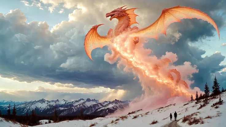 daylight photo of distant people, antropomorphic clouds shaped like a wyvern, lw06b-4000, srxl02-2000, tags: eldritch, Icelander, misty, very detailed, intricate, Magic Realism, (gold-tinted:0.5)