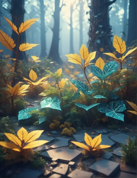 3d game concept scenery of extraterrestrial low-poly forest with Voronoi-shaped blocks on the ground, voxel-based landscape, intricate lowpoly plants, translucent bio-luminescent materials, warm-yellow leafs, (Voronoi pattern, depth of field, (swirly bokeh:1.225), (Kodak Portra 400:0.875) :1.3), (realistic complex abandoned nuclear plant background:1.1), shiny glass, (turbulent mist on the ground, surreal early morning lights:1.25), remarkable masterpiece, celestial, ethereal, epic, magical light flares, natural soft dreamy lighting, ((cold-blue and deep-carbon:0.7), (cinematic look:1.1), ideal fingers:1.3)