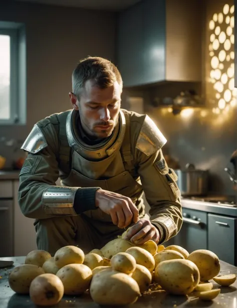 surreal low-key light cowboy shot photo of an exhausted sad soldier peeling potatoes in the kitchen, translucent bio-luminescent materials, ultra-futuristic, (Voronoi pattern, depth of field, (swirly bokeh:1.275), (Kodak Portra 400:0.875) :1.15), (realistic complex futuristic background, lots of futuristic cooking devices:1.1), shiny glass, (turbulent toxic vapor, epic surreal, rim lighting, low key light:1.1), remarkable masterpiece, celestial, ethereal, epic, magical light flares, natural soft dreamy lighting, ((warm-yellow and deep-carbon:0.7), (cinematic look:1.15):1.15)