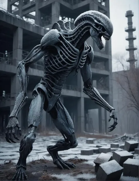 realistic full body shot of (brutal 23yo [European : mid-east :0.5] man:1.15) with natural skin texture and intricate body art and perfect mescaline anatomy, he interacts with fearsome (xenomorph:1.2) and preparing to fight with creture, abandoned oasis anomaly in Chernobyl, Voronoi-shaped blocks on the ground, dark carbon voxels with sharp edges, low-poly abandoned voxel-based exterior, (perfect hands:1.33), (hoarfrost:0.85), (frosting Voronoi pattern, depth of field, (swirly bokeh:1.225), (Kodak Portra 400:0.875) :1.3), (realistic complex abandoned nuclear plant background:1.1), shiny glass, (turbulent mist on the ground, surreal early morning lights:1.25), remarkable masterpiece, celestial, ethereal, epic, magical light flares, natural soft dreamy lighting, ((cold-blue and deep-carbon:0.7), (cinematic look:1.1), ideal fingers:1.3)