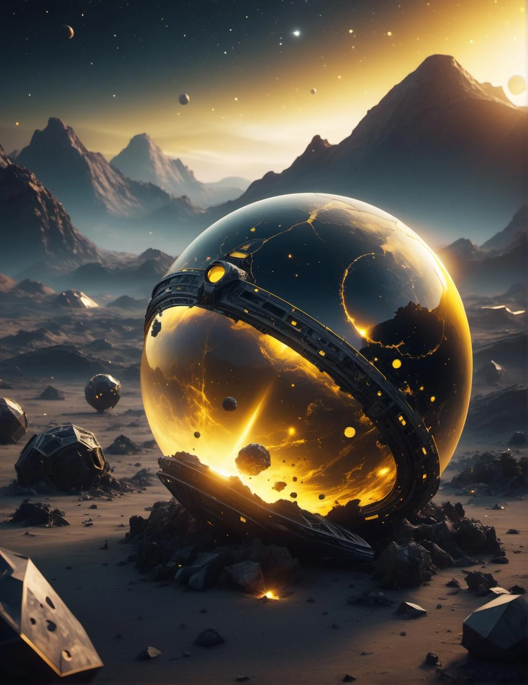 3d game concept scenery of (organic spacecraft:1.15) with (Voronoi pattern:1.1) surrounded with (debris in cosmic space:1.15) near intricate (alien planet:0.8), warm-yellow-deep-black organic spaceship armor, shiny spaceship hull, intricate lowpoly starship, translucent bio-luminescent materials, (Voronoi pattern, depth of field, (swirly bokeh:1.275), (Kodak Portra 400:0.875) :1.3), (realistic complex alien planet in background:1.1), shiny glass, (turbulent toxic vapor, epic surreal sunrise behind planet, rim lighting, low key light:1.25), remarkable masterpiece, celestial, ethereal, epic, magical light flares, natural soft dreamy lighting, ((warm-yellow and deep-carbon:0.7), (cinematic look:1.15):1.15)