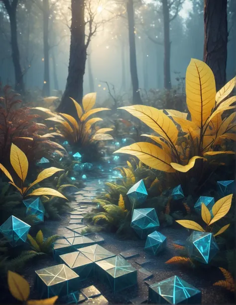 3d game concept scenery of extraterrestrial low-poly forest with Voronoi-shaped blocks on the ground, voxel-based landscape, intricate lowpoly plants, translucent bio-luminescent materials, warm-yellow leafs, (Voronoi pattern, depth of field, (swirly bokeh:1.225), (Kodak Portra 400:0.875) :1.3), (realistic complex abandoned nuclear plant background:1.1), shiny glass, (turbulent mist on the ground, surreal early morning lights:1.25), remarkable masterpiece, celestial, ethereal, epic, magical light flares, natural soft dreamy lighting, ((cold-blue and deep-carbon:0.7), (cinematic look:1.1), ideal fingers:1.3)