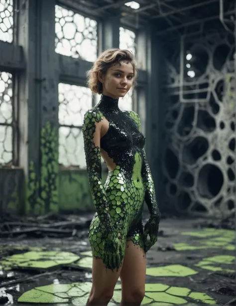 realistic full body shot of (petite seductive 21yo [kenian:cambodian:0.5] woman:1.15) with natural skin texture and intricate body art and perfect feminine anatomy touching her face and smiling with big cute eyes, abandoned industrial zone in Chernobyl with alien slime dripping from the walls, Voronoi-shaped blocks on the ground, dark carbon voxels with sharp edges, low-poly abandoned nuclear plant, (perfect hands:1.23), (glitter:0.85), (shiny black slime, Voronoi scales, depth of field, (swirly bokeh:1.275), (Kodak Portra 400:0.925) :1.25), (realistic complex abandoned nuclear plant background:1.1), shiny glass, (cosmic horror, gloom, light leaks, mysterious, surreal:1.1), remarkable masterpiece, celestial, ethereal, epic, magical light flares, natural soft dreamy lighting, ((warm-yellow and cold-green:0.85), cinematic look, ideal hand anatomy, hairy pubic, hairy armpits:1.25)
