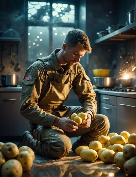 surreal low-key light cowboy shot photo of an exhausted sad soldier peeling potatoes in the kitchen, translucent bio-luminescent materials, ultra-futuristic, (Voronoi pattern, depth of field, (swirly bokeh:1.275), (Kodak Portra 400:0.875) :1.15), (realistic complex futuristic background, lots of futuristic cooking devices:1.1), shiny glass, (turbulent toxic vapor, epic surreal, rim lighting, low key light:1.1), remarkable masterpiece, celestial, ethereal, epic, magical light flares, natural soft dreamy lighting, ((warm-yellow and deep-carbon:0.7), (cinematic look:1.15):1.15)