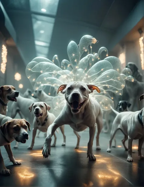surreal low-key light scenery of photo of a (giant flea:1.15) attacking a (throng of dogs:1.05), translucent bio-luminescent materials, ultra-futuristic, (Voronoi pattern, depth of field, (swirly bokeh:1.275), (Kodak Portra 400:0.875) :1.15), (realistic complex futuristic background, lots of futuristic cooking devices:1.1), shiny glass, (turbulent toxic vapor, epic surreal, rim lighting, low key light:1.1), remarkable masterpiece, celestial, ethereal, epic, magical light flares, natural soft dreamy lighting, ((warm-yellow and deep-carbon:0.7), (cinematic look:1.15):1.15)