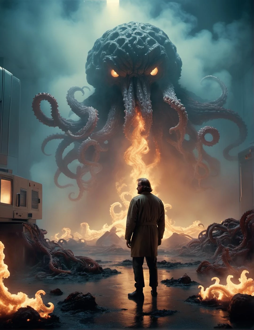 mesmerizing (surreal film:1.1) still of (endless dreamscape:1.05) of terror and (a man looking at "The Thing":1.15) of John Carpenter, (terrifying mutants with disgusting tentacles far in background:1.1), (flames emerging from ground:1.15), (turbulent smoke and toxic vapor:1.05), translucent bio-luminescent materials, ultra-realistic, (Voronoi pattern, depth of field, (swirly bokeh:1.275), (Kodak Portra 400:0.875) :1.15), (realistic complex futuristic background, lots of futuristic cooking devices:1.1), shiny glass, (turbulent toxic vapor, epic surreal, rim lighting, low key light:1.1), remarkable masterpiece, celestial, ethereal, epic, magical light flares, natural soft dreamy lighting, ((warm-yellow and deep-carbon:0.7), (cinematic look:1.15):1.15)