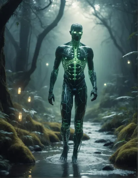 mesmerizing realistic photo of a male figure made entirely of otherworldly luminescent and translucent materials walking by the night river inside extraterrestrial rainy forest, see-through body, veins and bones visible through translucent tissues and transparent skin, intricate tissue details, detailed vegetables, early morning natural soft light, firm perky breasts, alluring titties, flat chest, translucent bio-luminescent materials, ultra-realistic, (Voronoi pattern, depth of field, (swirly bokeh:1.275), (Kodak Portra 400:0.875) :1.15), (realistic complex futuristic background, lots of futuristic cooking devices:1.1), shiny glass, (rim lighting, low key light:1.15), celestial, ethereal, epic, magical light flares, natural soft dreamy lighting, ((warm-yellow and deep-carbon:0.7), (cinematic look:1.15):1.15)