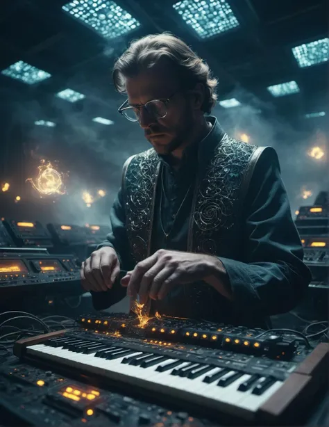 mesmerizing surreal film still of a The King of Quality Assurance engineers lookштп at the development engineers who worship him as they hold their keyboards in their hands, mystic atmosphere, dark enchantment and dark fantasy realism aesthetics, translucent bio-luminescent materials, ultra-realistic, (Voronoi pattern, depth of field, (swirly bokeh:1.275), (Kodak Portra 400:0.875) :1.15), (realistic complex futuristic background, lots of futuristic cooking devices:1.1), shiny glass, (turbulent toxic vapor, epic surreal, rim lighting, low key light:1.1), remarkable masterpiece, celestial, ethereal, epic, magical light flares, natural soft dreamy lighting, ((warm-yellow and deep-carbon:0.7), (cinematic look:1.15):1.15)