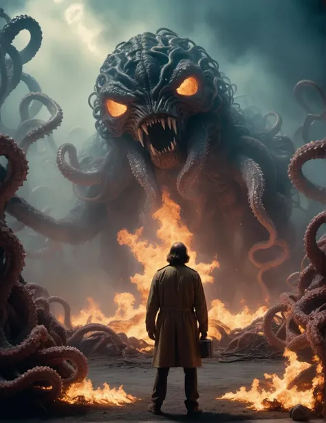 mesmerizing (surreal film:1.1) still of (endless dreamscape:1.05) of terror and (a man looking at "The Thing":1.15) of John Carpenter, (terrifying mutants with disgusting tentacles far in background:1.1), (flames emerging from ground:1.15), (turbulent smoke and toxic vapor:1.05), translucent bio-luminescent materials, ultra-realistic, (Voronoi pattern, depth of field, (swirly bokeh:1.275), (Kodak Portra 400:0.875) :1.15), (realistic complex futuristic background, lots of futuristic cooking devices:1.1), shiny glass, (turbulent toxic vapor, epic surreal, rim lighting, low key light:1.1), remarkable masterpiece, celestial, ethereal, epic, magical light flares, natural soft dreamy lighting, ((warm-yellow and deep-carbon:0.7), (cinematic look:1.15):1.15)