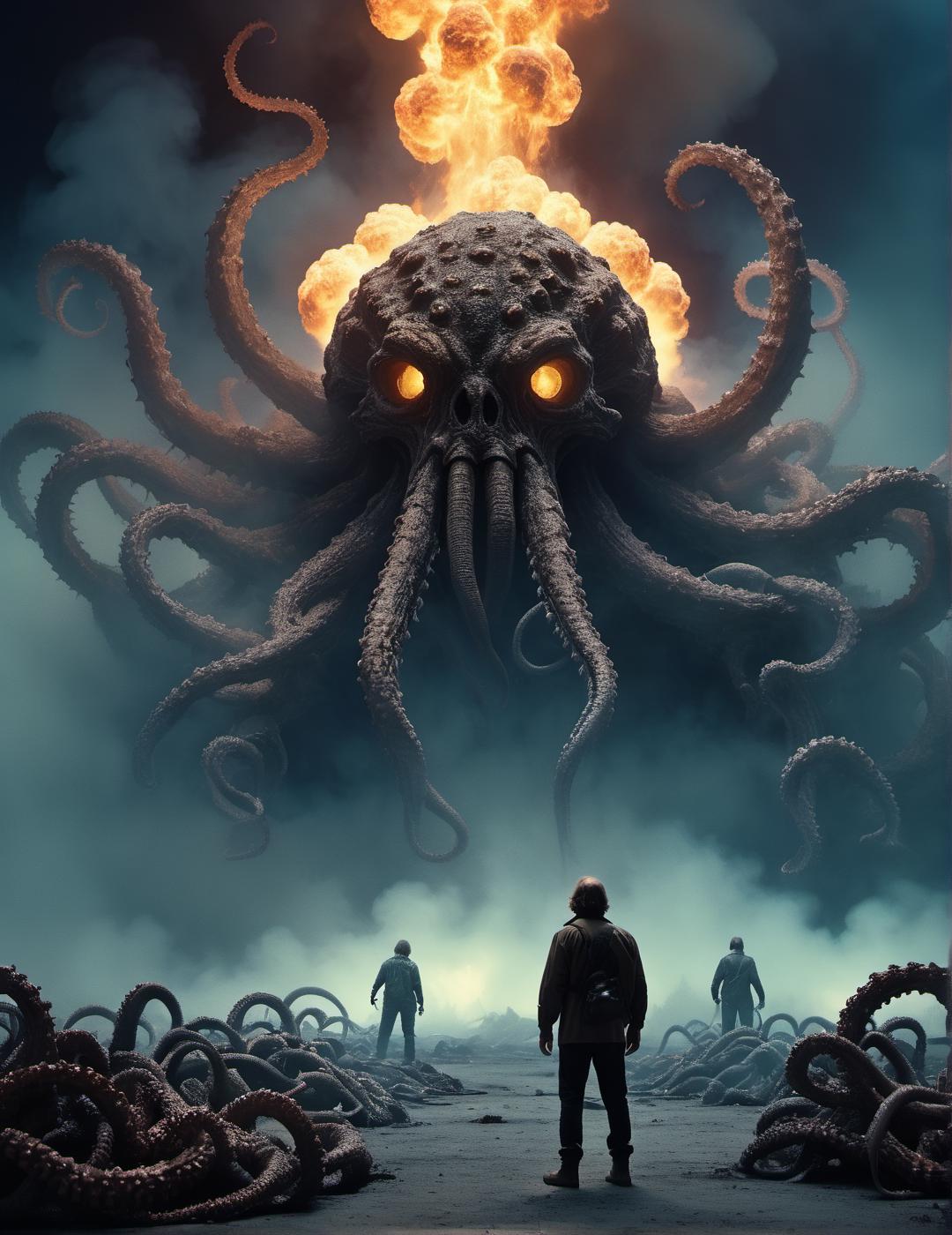 A man standing in front of a giant octopus with fire coming out of it ...