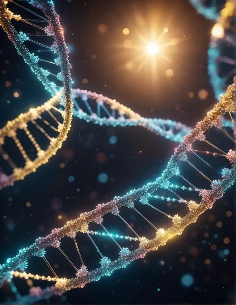 mesmerizing realistic picture of an electrons flying around intricate translucent DNA helix molecule, smooth bokeh background with blurry gene pieces flying in space, translucent bio-luminescent materials, ultra-realistic, (Voronoi pattern, depth of field, (swirly bokeh:1.275), (Kodak Portra 400:0.875) :1.15), (realistic complex futuristic background, lots of futuristic cooking devices:1.1), shiny glass, (rim lighting, low key light:1.15), celestial, ethereal, epic, magical light flares, natural soft dreamy lighting, ((warm-yellow and deep-carbon:0.7), (cinematic look:1.15):1.15)