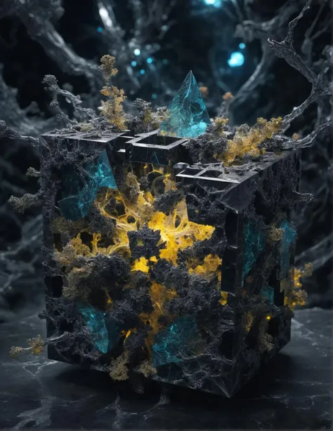 mesmerizing (fractal-based photo:0.95) of a twisted patterns of (snotty organics:1.15) injecting themselves into the cracked structure of a (dark carbon cube:1.15) to break it into (shards:1.15), (veins and bones visible through translucent tissues:1.15) and (transparent skin:0.8), intricate fractal tissue, detailed vegetables, translucent (bio-luminescent fractals:1.05), (Voronoi pattern, depth of field, (swirly bokeh:1.275) :1.15), (complex futuristic background, lots of cybernetic apparatus:1.1), shiny glass, (rim lighting, low key light:1.15), celestial, ethereal, natural soft dreamy lighting, ((warm-yellow and deep-carbon:0.7), (cinematic look:1.15):1.15)