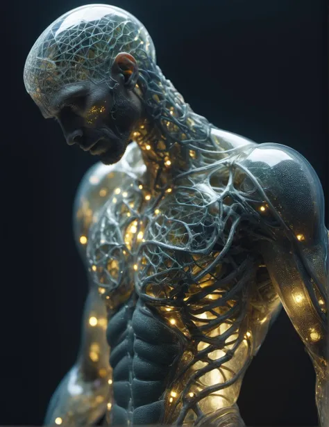 mesmerizing realistic photo of a (cybernetic male figure made entirely of otherworldly luminescent and translucent materials:1.05) (trying to pull on the artificial skin over cybernetic implants:1.2), see-through body, veins and bones visible through translucent tissues and transparent skin, intricate tissue details, detailed vegetables, early morning natural soft light, translucent bio-luminescent materials, ultra-realistic, (Voronoi pattern, depth of field, (swirly bokeh:1.275), (Kodak Portra 400:0.875) :1.15), (realistic complex futuristic background, lots of futuristic cooking devices:1.1), shiny glass, (rim lighting, low key light:1.15), celestial, ethereal, epic, magical light flares, natural soft dreamy lighting, ((warm-yellow and deep-carbon:0.7), (cinematic look:1.15):1.15)