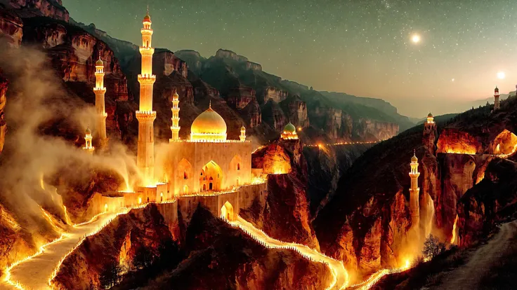 midnight photo of distant people in a lw06b-4000 gorge landscape, (illuminated mosque in the distance:1.21), tags: eldritch, Italian, (desolate:1.21), very detailed, intricate, (grey-tinted:0.75)