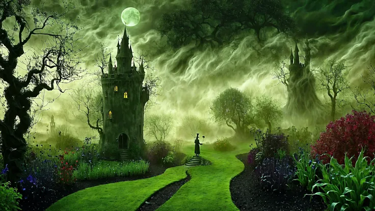 Magic Realism fantasy midnight photo of distant people in a garden landscape, cs-m3tal3, srxl03-4000 (illuminated wizard's tower in the distance:1.21), tags: eldritch, Welsh, ground fog, very detailed, intricate, crisp edges, (Hookers green-tinted:0.85), black <lora:SDXL_Black_Sa_May:1>