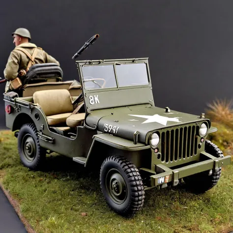 score_9,score_8_up,score_7_up,masterpiece,best quality,"World War II u.s.army Willys MB Jeep:(1.5),u.s.army miniature figures:(1.1),highly detailed model:(1.4),weathering effects:(1.2),ultra high quality:(1.5),8k ultra high resolution:(1.4),hyper-realistic:(1.3),true-to-life photo quality:(1.2),ultra-detailed texture:(1.1),lifelike metal sheen:(1.0),warm nostalgic atmosphere:(1.2),soft natural lighting:(0.9),depth of field:(0.8)",