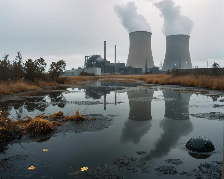 (realistic dark shot golden hour cinematic still:1.1), (abandoned nuclear plant and wasteland, end of the world:1.175), black shiny alien slime with voronoi pattern and submerged into dirty waters with shiny glossy surface, mirrored imagery, dark creature with many eyes, (refraction and reflection:1.1), (eerie surreal foggy misty, otherworldly bio-luminescent creature made of translucent material:1.1), fungus sprouts BREAK ([(ground made of voronoi-shaped prismatic voxels:1.15) : ultra-realistic wet organics :0.42]:1.15), art by mooncryptowow, (natural morning back lighting and light leaks with shallow dof:1.1), ((gloom:1.6) strong_ambient_light morning:1.1), (shot on [Voigtlander Nokton | Carl Zeiss Sonar | Kodak portra 400]:1.125) BREAK toxic vapor, dense turbulent fog, surreal ethereal otherworldly landscape, smooth landscape horizon with strong swirly bokeh effect, lifelike